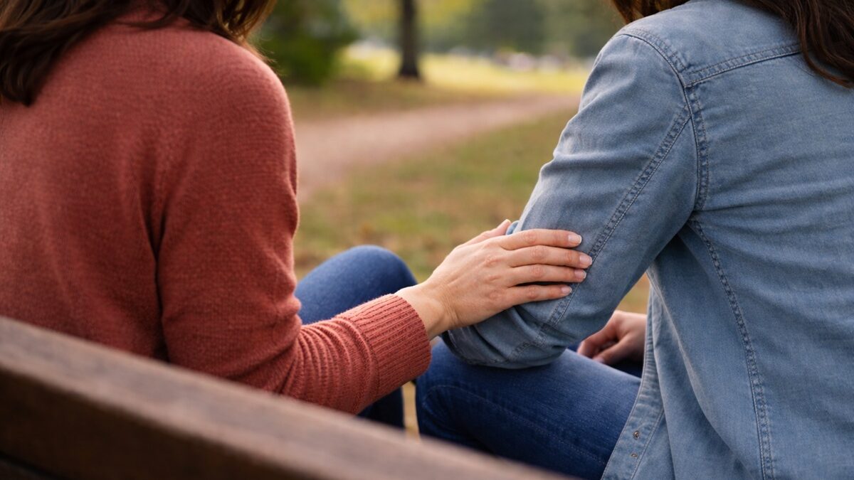 Two people sitting on a park bench offering support before a Maryland family law consultation