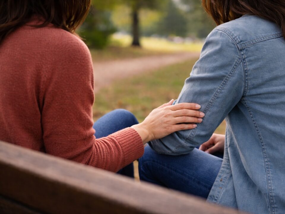 Two people sitting on a park bench offering support before a Maryland family law consultation