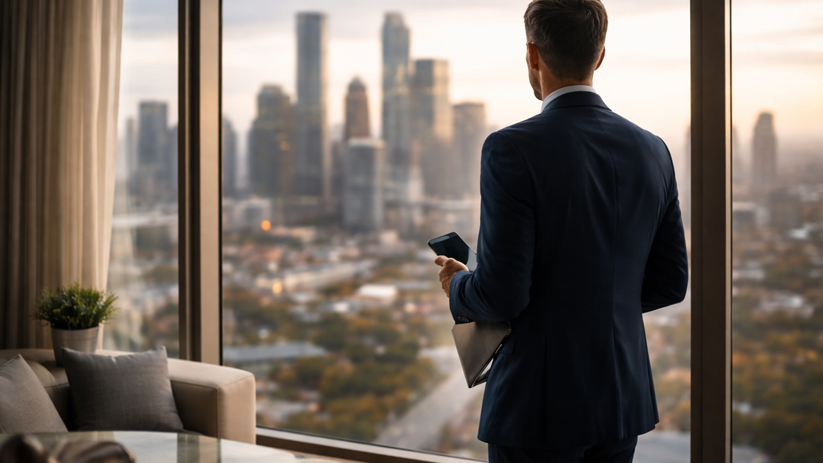 Individual in a high-rise overlooking a city during a Maryland high-asset divorce