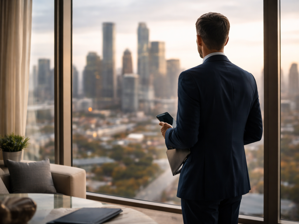 Individual in a high-rise overlooking a city during a Maryland high-asset divorce