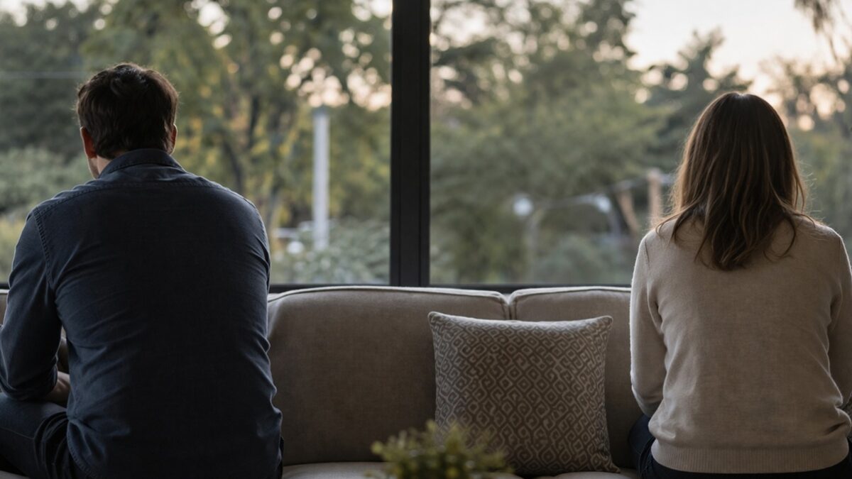 Two people sitting apart reflecting emotional distance in a relationship