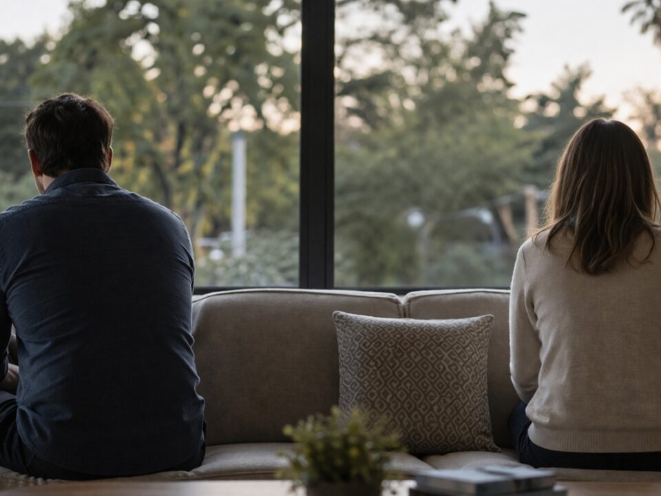 Two people sitting apart reflecting emotional distance in a relationship