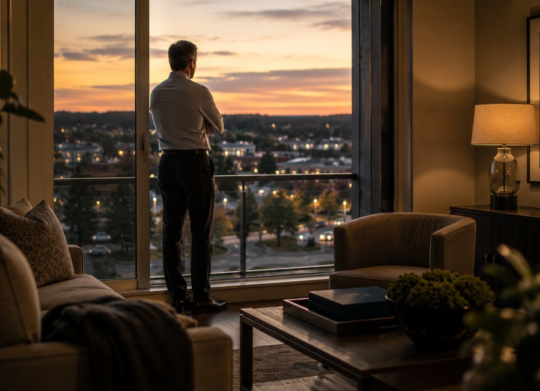 Executive in Owings Mills residence at sunset during divorce planning