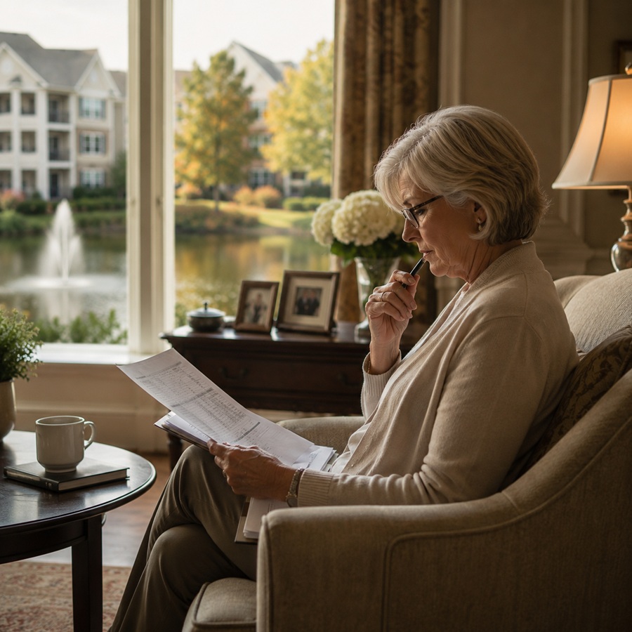 Woman reviewing financial documents in an upscale retirement residence in Riderwood MD