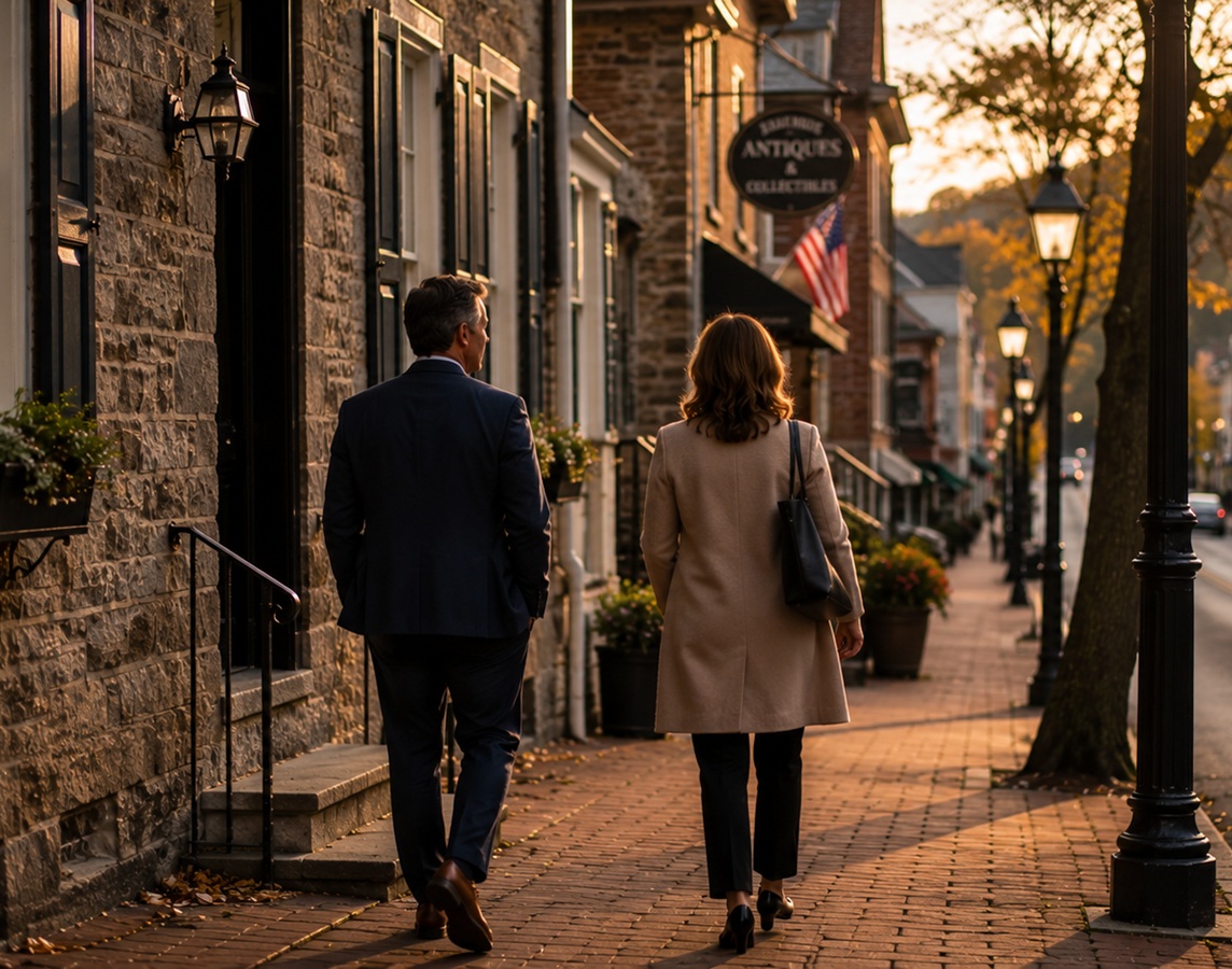 Couple walking through historic Ellicott City during divorce planning