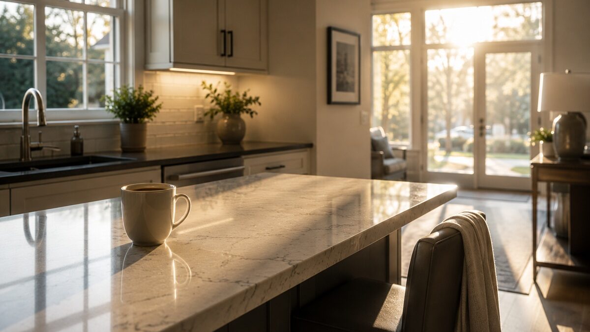 Modern kitchen with an untouched cup of coffee reflecting uncertainty after suspecting a spouse's affair in Maryland