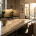 Modern kitchen with an untouched cup of coffee reflecting uncertainty after suspecting a spouse's affair in Maryland