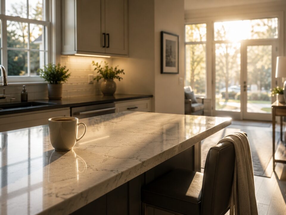 Modern kitchen with an untouched cup of coffee reflecting uncertainty after suspecting a spouse's affair in Maryland
