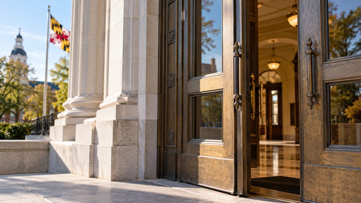 Courthouse entrance representing new privacy protections for Maryland divorce records