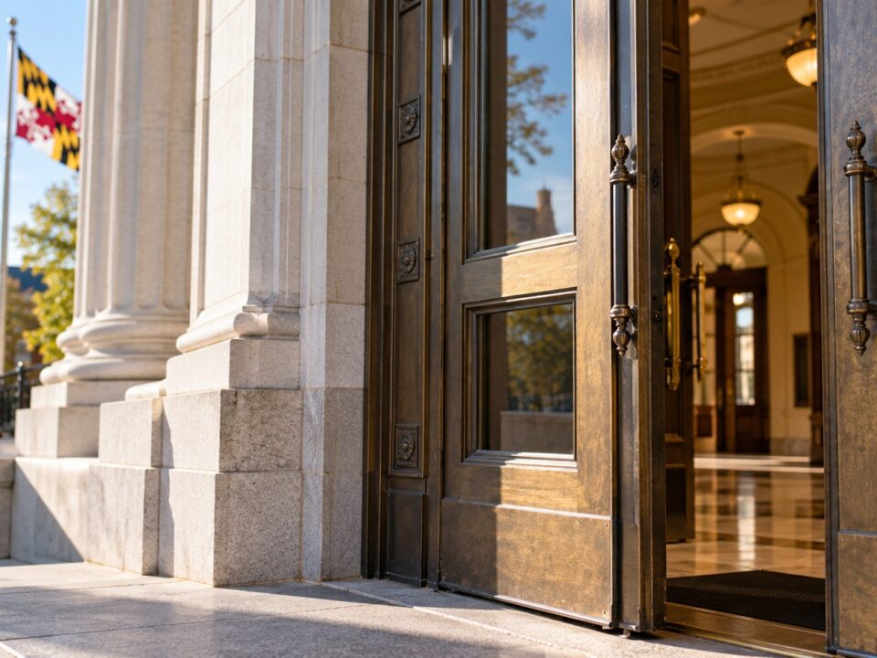 Courthouse entrance representing new privacy protections for Maryland divorce records