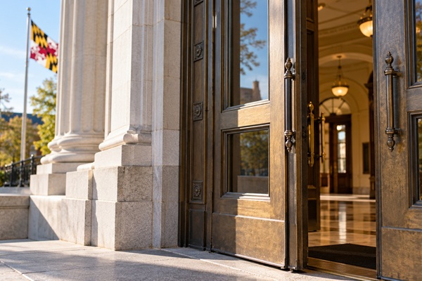 Courthouse entrance representing new privacy protections for Maryland divorce records