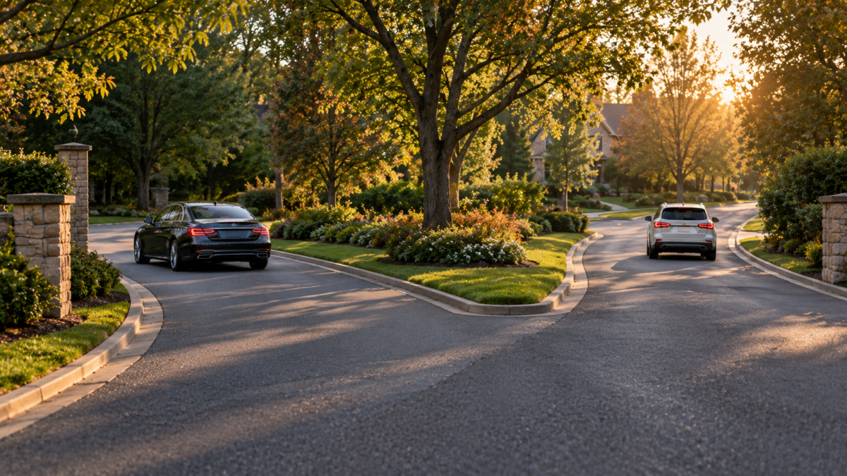 Two cars taking separate paths in a Maryland neighborhood