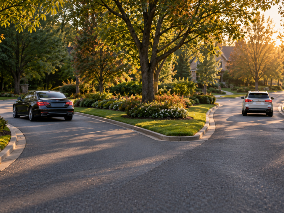 Two cars taking separate paths in a Maryland neighborhood